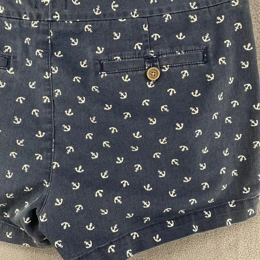 Hinge Chino Shorts All Over Anchor Novelty Print‎ Womens 8 Preppy Blue White